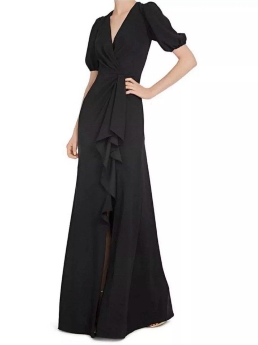 ML Monique Lhuiller Ruffle Pintuck Elegant Evening Gown Maxi Dress Black 6